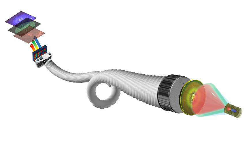 An illustration of the endoscope lens system designed by UW ECE and Physics Professor Arka Majumdar and his research team